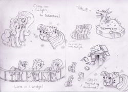 Size: 1500x1072 | Tagged: safe, artist:nedemai, crackle, fluttershy, pinkie pie, twilight sparkle, alicorn, dragon, earth pony, pegasus, pony, g4, adventure, atg 2021, charlie the unicorn, cutie mark theft, female, grayscale, lying down, missing cutie mark, monochrome, newbie artist training grounds, open mouth, pencil drawing, prone, traditional art, twilight sparkle (alicorn), twilight sparkle is not amused, unamused