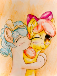 Size: 1920x2560 | Tagged: safe, artist:stardust0130, apple bloom, cozy glow, earth pony, pegasus, pony, g4, adorabloom, blushing, cozybetes, cute, eyes closed, female, filly, high res, hug, lesbian, one eye closed, ship:cozybloom, shipping, smiling, what if