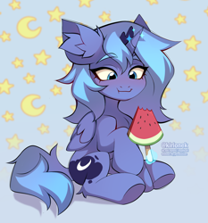 Size: 2128x2280 | Tagged: safe, artist:kirionek, princess luna, alicorn, pony, g4, cute, ear fluff, eating, eyebrows, eyebrows visible through hair, female, filly, foal, food, herbivore, high res, lunabetes, sitting, smiling, solo, watermelon, woona, younger