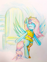 Size: 1920x2560 | Tagged: safe, artist:stardust0130, kerfuffle, pegasus, pony, g4, amputee, bipedal, blushing, clothes, eyes closed, female, mare, pincushion, prosthetic leg, prosthetic limb, prosthetics, solo, spread wings, vest, wings