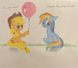 Size: 2048x1786 | Tagged: safe, artist:blackwo96777748, applejack, rainbow dash, g4, balloon, blushing, female, party balloon, traditional art