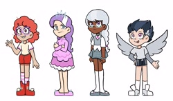 Size: 3825x2250 | Tagged: safe, artist:charrlll, diamond tiara, rumble, silver spoon, twist, human, g4, alternate hairstyle, boots, bowtie, bracelet, braces, clothes, converse, dark skin, dress, ear piercing, earring, female, flats, freckles, glasses, grin, high res, humanized, jewelry, male, necklace, open mouth, piercing, shirt, shoes, shorts, skirt, smiling, socks, sports shorts, stockings, striped socks, t-shirt, thigh highs, tiara, vest, winged humanization, wings
