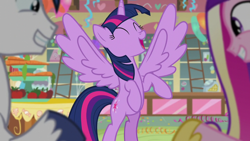 Size: 1280x720 | Tagged: safe, screencap, princess cadance, shining armor, twilight sparkle, alicorn, pony, unicorn, g4, season 5, the one where pinkie pie knows, ^^, bipedal, cute, cutedance, excited, eyes closed, female, male, mare, open mouth, shining adorable, smiling, spread wings, stallion, sugarcube corner, trio, twiabetes, twilight sparkle (alicorn), wings