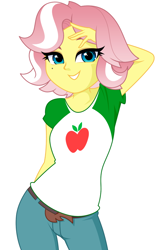 Size: 858x1337 | Tagged: safe, artist:rosemile mulberry, vignette valencia, human, equestria girls, equestria girls specials, g4, my little pony equestria girls: better together, my little pony equestria girls: rollercoaster of friendship, apple, beauty mark, bedroom eyes, belt, clothes, clothes swap, female, gradient hair, hand on head, implied applejack, jeans, looking at you, pants, shirt, simple background, smiling, solo, t-shirt, white background