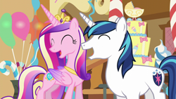 Size: 1280x720 | Tagged: safe, screencap, princess cadance, shining armor, alicorn, pony, unicorn, g4, season 5, the one where pinkie pie knows, ^^, crown, cute, cutedance, eyes closed, female, jewelry, laughing, male, mare, open mouth, regalia, shining adorable, smiling, stallion, sugarcube corner