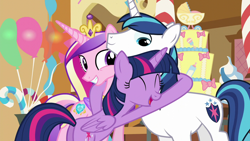 Size: 1280x720 | Tagged: safe, screencap, princess cadance, shining armor, twilight sparkle, alicorn, pony, unicorn, g4, season 5, the one where pinkie pie knows, ^^, balloon, big brother, brother and sister, butt, cake, crown, cute, cutedance, eyes closed, female, food, happy, hug, jewelry, little sister, love, male, mare, open mouth, plot, regalia, shining adorable, siblings, sisters-in-law, smiling, stallion, sugarcube corner, twiabetes, twilight sparkle (alicorn)