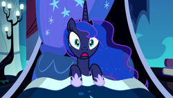 Size: 1280x720 | Tagged: safe, screencap, princess luna, alicorn, pony, do princesses dream of magic sheep, g4, my little pony: friendship is magic, season 5, bed, exploitable meme, female, luna's nightmare, luna's room, mare, meme, open mouth, solo, sweat