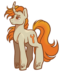 Size: 601x705 | Tagged: safe, artist:fizzmitz, oc, oc only, oc:tekkitbeasting, pony, unicorn, curved horn, horn, lidded eyes, male, raised tail, simple background, solo, stallion, tail, transparent background, unshorn fetlocks