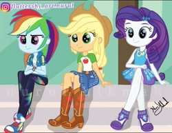 Size: 540x416 | Tagged: safe, artist:fluttershy_art.nurul, edit, edited screencap, screencap, applejack, rainbow dash, rarity, equestria girls, g4, my little pony equestria girls: better together, my little pony equestria girls: friendship games, applejack's hat, belt, boots, canterlot high, clothes, cowboy boots, cowboy hat, cute, dashabetes, denim skirt, female, geode of shielding, hairpin, hat, high heels, hoodie, jackabetes, magical geodes, raribetes, rarity peplum dress, shoes, sitting, skirt, smiling, sneakers, stairs, trio, trio female, younger
