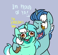 Size: 946x892 | Tagged: safe, artist:paperbagpony, lyra heartstrings, oc, pony, unicorn, g4, beard, double chin, facial hair, faic, father and child, father and daughter, female, hug, l.u.l.s., male, mare, purple background, simple background, stallion
