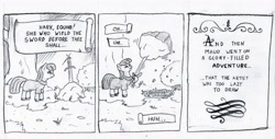 Size: 3406x1725 | Tagged: safe, artist:lost marbles, maud pie, earth pony, pony, g4, atg 2021, bush, comic, comic strip, narration, newbie artist training grounds, pencil drawing, stone, sword, sword in the stone, traditional art, tree, weapon