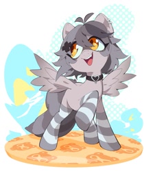 Size: 1429x1700 | Tagged: safe, artist:aetherionart, oc, oc only, oc:snuffy, pegasus, pony, choker, clothes, fangs, heart choker, looking back, open mouth, raised hoof, smiling, socks, solo, spread wings, striped socks, vtuber, wings