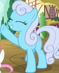 Size: 605x742 | Tagged: safe, screencap, angel bunny, fluttershy, linky, shoeshine, earth pony, pony, between dark and dawn, g4, season 9, cropped, eyes closed, offscreen character, raised hoof, solo focus