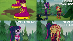 Size: 1280x720 | Tagged: safe, edit, edited screencap, editor:quoterific, screencap, sci-twi, sunset shimmer, twilight sparkle, equestria girls, equestria girls series, sunset's backstage pass!, spoiler:eqg series (season 2), cute, eyes closed, female, geode of empathy, geode of telekinesis, glasses, hairpin, magical geodes, music festival outfit, open mouth, ponytail, shimmerbetes, smiling