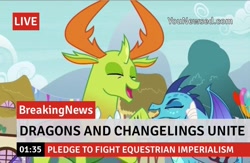 Size: 750x490 | Tagged: safe, edit, edited screencap, screencap, princess ember, thorax, changedling, changeling, dragon, g4, triple threat, break your own news, breaking news, dragoness, female, king thorax, male