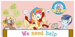 Size: 1200x600 | Tagged: safe, oc, oc:copper chip, oc:golden gates, oc:silver span, babscon, babscon mascots, busy, phone