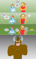 Size: 3061x4950 | Tagged: safe, artist:matchstickman, applejack, fluttershy, rainbow dash, oc, earth pony, minotaur, pegasus, anthro, comic:now i'm a jerk, abs, applejacked, biceps, breasts, busty applejack, busty rainbow dash, clothes, comic, commission, cracking knuckles, deltoids, dialogue, female, glowing eyes, male, mare, muscles, pecs, rainbuff dash, speech bubble