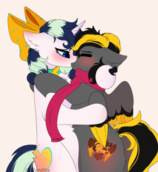 Size: 2646x2874 | Tagged: safe, artist:2pandita, oc, oc only, pegasus, pony, unicorn, bow, clothes, colored wings, female, hair bow, high res, kissing, mare, multicolored wings, scarf, wings