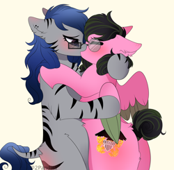 Size: 2664x2616 | Tagged: safe, artist:2pandita, oc, oc only, hybrid, pegasus, pony, zony, female, glasses, high res, kissing, mare, simple background, two toned wings, wings