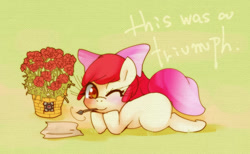 Size: 1000x616 | Tagged: safe, artist:girlieginger, apple bloom, earth pony, pony, g4, adorabloom, bow, companion cube, cute, female, filly, flower, hair bow, heart, heart eyes, looking at you, mouth hold, one eye closed, portal, portal (valve), rose, solo, wingding eyes, wink