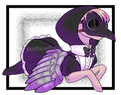 Size: 973x761 | Tagged: safe, artist:malinraf1615, oc, oc only, oc:dollface lolita, pegasus, pony, amputee, artificial wings, augmented, bowtie, clothes, dress, female, hood, lip piercing, lying down, maid, mare, mask, piercing, plague doctor mask, prone, prosthetic limb, prosthetic wing, prosthetics, simple background, skirt, socks, solo, striped socks, transparent background, wings