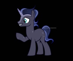 Size: 1080x898 | Tagged: safe, alternate version, artist:sia.brony, oc, oc only, pony, unicorn, black background, ethereal mane, grin, horn, male, raised hoof, simple background, smiling, solo, stallion, starry mane, unicorn oc