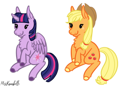 Size: 1220x867 | Tagged: safe, artist:misskanabelle, applejack, twilight sparkle, alicorn, earth pony, pony, g4, chest fluff, colored hooves, commission, duo, female, freckles, hat, horn, mare, signature, simple background, sitting, smiling, transparent background, twilight sparkle (alicorn), wings, ych result