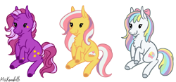 Size: 1852x867 | Tagged: safe, artist:misskanabelle, oc, oc only, earth pony, pony, unicorn, bow, chest fluff, colored sketch, commission, ear fluff, earth pony oc, female, hair bow, horn, mare, multicolored hair, rainbow hair, signature, simple background, sitting, smiling, transparent background, unicorn oc, ych result