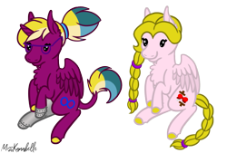 Size: 1279x867 | Tagged: safe, artist:misskanabelle, oc, oc only, alicorn, pony, alicorn oc, amputee, braid, braided tail, chest fluff, colored hooves, commission, duo, ear fluff, female, glasses, horn, mare, prosthetic leg, prosthetic limb, prosthetics, signature, simple background, sitting, smiling, transparent background, wings, ych result