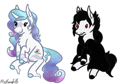 Size: 1268x867 | Tagged: safe, artist:misskanabelle, oc, oc only, earth pony, pony, chest fluff, colored hooves, commission, duo, ear fluff, earth pony oc, ethereal mane, female, hoof fluff, mare, signature, simple background, sitting, smiling, starry mane, transparent background, ych result