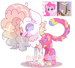 Size: 1266x1151 | Tagged: dead source, safe, artist:cherritoppu, pinkie pie, oc, draconequus, earth pony, pony, draconequus oc, female, grin, heterochromia, interspecies offspring, male, mare, offspring, parent:discord, parent:pinkie pie, parents:discopie, screencap reference, simple background, smiling, transparent background