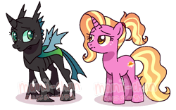Size: 784x490 | Tagged: dead source, safe, artist:cherritoppu, luster dawn, changeling, pony, unicorn, g4, the last problem, duo, duo female, eyelashes, female, freckles, frown, horn, luster dawn is not amused, mare, simple background, transparent background, unamused