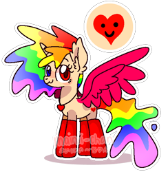 Size: 606x621 | Tagged: source needed, safe, artist:cherritoppu, oc, oc only, alicorn, pony, alicorn oc, clothes, ear fluff, female, heart, heterochromia, horn, jewelry, mare, multicolored hair, necklace, rainbow hair, simple background, smiling, socks, solo, transparent background, wings