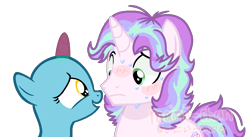 Size: 1164x637 | Tagged: source needed, safe, artist:cherritoppu, oc, oc only, oc:star struck, pony, unicorn, bald, base used, bust, duo, eyelashes, female, magical lesbian spawn, male, mare, nervous, offspring, parent:starlight glimmer, parent:trixie, parents:startrix, simple background, smiling, stallion, sweat, transparent background
