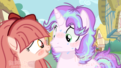 Size: 1138x637 | Tagged: dead source, safe, artist:cherritoppu, oc, oc only, oc:rose quartz, oc:star struck, pony, unicorn, base used, blush sticker, blushing, building, bust, duo, eyelashes, female, frown, horn, magical lesbian spawn, male, mare, nervous, offspring, outdoors, parent:starlight glimmer, parent:trixie, parents:startrix, smiling, stallion, unicorn oc