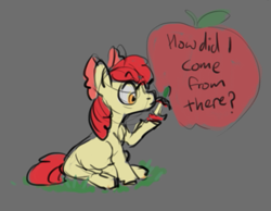 Size: 545x422 | Tagged: safe, artist:purple-blep, apple bloom, earth pony, pony, g4, apple, female, filly, food, solo, text