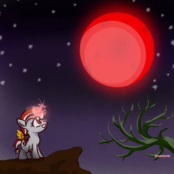 Size: 676x674 | Tagged: safe, artist:weirdarttb, oc, oc only, oc:sinar bulan indonesia, alicorn, pony, blood moon, cliff, eclipse, female, filly, full moon, lunar eclipse, magic, moon, night, night sky, open mouth, sky, solo, stars, tree, watermark