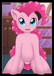 Size: 1550x2167 | Tagged: safe, artist:vavacung, pinkie pie, earth pony, pony, series:the day spike stopped caring and made love to everpony he cares for, g4, clopfic linked in description, fanfic art, featureless crotch, female, looking at you, mare, solo