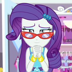 Size: 705x700 | Tagged: safe, screencap, rarity, costume conundrum, costume conundrum: rarity, equestria girls, g4, my little pony equestria girls: better together, cropped, glasses, rarity peplum dress, rarity's bedroom (equestria girls), solo