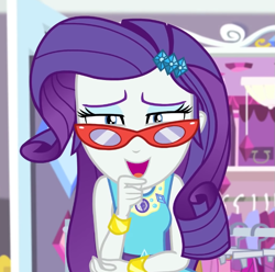 Size: 705x700 | Tagged: safe, screencap, rarity, costume conundrum, costume conundrum: rarity, equestria girls, g4, my little pony equestria girls: better together, cropped, glasses, rarity peplum dress, rarity's bedroom (equestria girls), solo