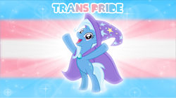Size: 5360x3009 | Tagged: safe, artist:andoanimalia, trixie, pony, unicorn, g4, bipedal, brooch, cape, clothes, cute, diatrixes, female, hat, jewelry, looking at you, open mouth, pretty, pride, pride flag, solo, trans female, trans trixie, transgender, transgender pride flag, trixie's brooch, trixie's cape, trixie's hat, y pose