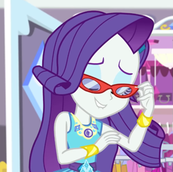 Size: 705x700 | Tagged: safe, screencap, rarity, costume conundrum, costume conundrum: rarity, equestria girls, g4, my little pony equestria girls: better together, cropped, glasses, rarity peplum dress, rarity's bedroom (equestria girls), solo