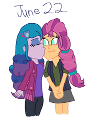 Size: 2000x2810 | Tagged: safe, artist:ktd1993, izzy moonbow, sunny starscout, human, equestria girls, g4, g5, 22, cheek kiss, duo, equestria girls-ified, female, g5 to equestria girls, g5 to g4, generation leap, high res, kissing, lesbian, ship:moonscout, shipping