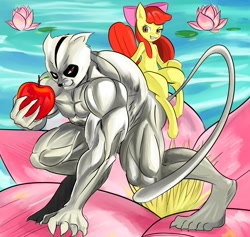 Size: 2800x2650 | Tagged: safe, artist:uguisunokoe1919, apple bloom, earth pony, pony, g4, animal, apple, female, filly, flower, food, high res, muscles, water