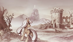 Size: 1200x690 | Tagged: safe, artist:zetamad, applejack, earth pony, pony, g4, atg 2021, badass, butt, castle, city, female, fog, grayscale, hatless, mare, missing accessory, monochrome, mountain, newbie artist training grounds, partial color, plot, ruins, scenery, solo, tree