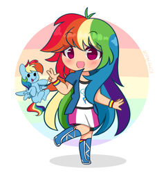Size: 3617x3765 | Tagged: safe, artist:kittyrosie, rainbow dash, human, pegasus, pony, g4, blushing, boots, chibi, clothes, compression shorts, cute, dashabetes, duo, female, high res, human ponidox, humanized, kittyrosie is trying to murder us, looking at you, miniskirt, moe, self paradox, self ponidox, shoes, shorts, skirt, smiling, socks, waving
