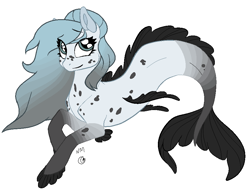 Size: 874x684 | Tagged: safe, artist:moonblossommanwise, oc, oc only, hybrid, merpony, seapony (g4), dorsal fin, female, fins, fish tail, flowing mane, flowing tail, gray eyes, simple background, smiling, solo, tail, white background