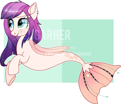 Size: 1926x1659 | Tagged: safe, artist:sugguk, oc, oc only, seapony (g4), blue eyes, clothes, commission, female, fin wings, fish tail, flowing tail, purple mane, see-through, simple background, smiling, solo, sparkles, tail, toy, watermark, wings