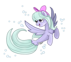 Size: 1331x1159 | Tagged: safe, artist:jessyxkisuxkata, flitter, pegasus, pony, sea pony, seapony (g4), g4, base used, bubble, dorsal fin, female, fin wings, flowing tail, gray eyes, open mouth, ribbon, seaponified, signature, simple background, smiling, solo, species swap, spread wings, tail, transparent background, wings