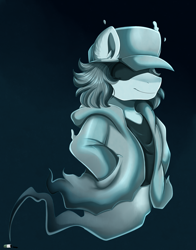 Size: 2550x3250 | Tagged: safe, artist:pridark, oc, oc only, oc:ghost, ghost, ghost pony, semi-anthro, cap, clothes, commission, dark background, friday night funkin', hand in pocket, hat, high res, hoodie, jacket, male, smiling, solo